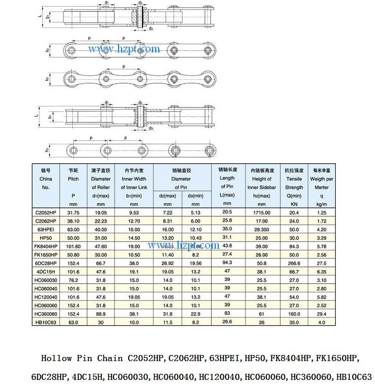 Hollow Pin Chain C2052HP,C2062HP,63HPEI,HP50,FK8404HP,FK1650HP,6DC28HP,4DC15H,HC060030,HC060040,HC120040,HC060060,HC360060,HB10C63